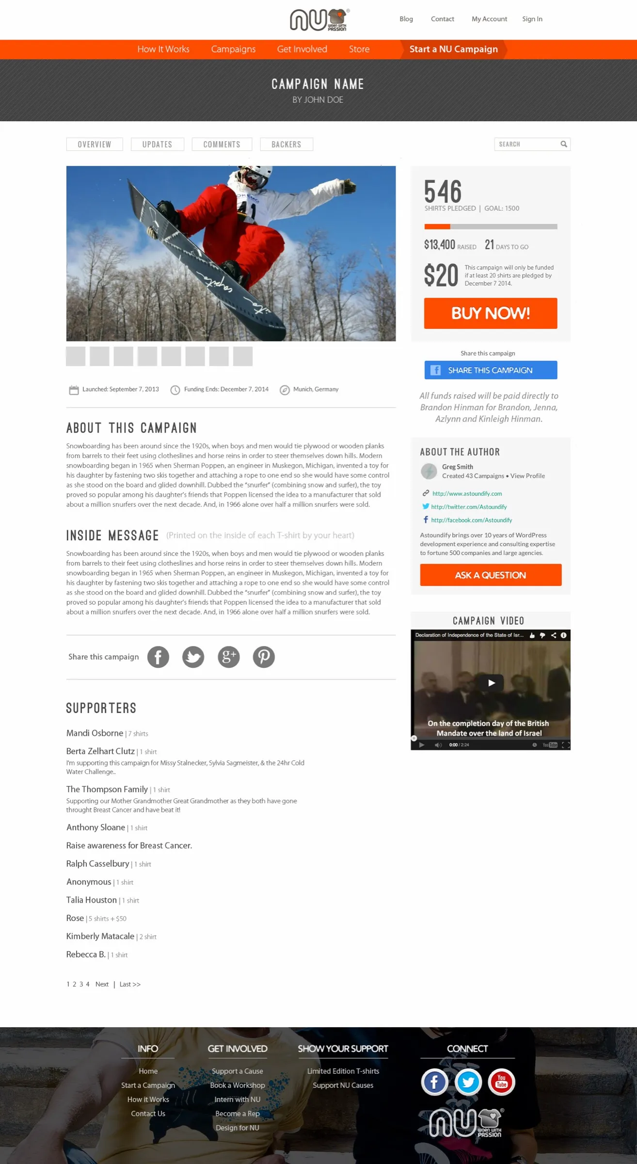 Campaign page layout with hero and content sections