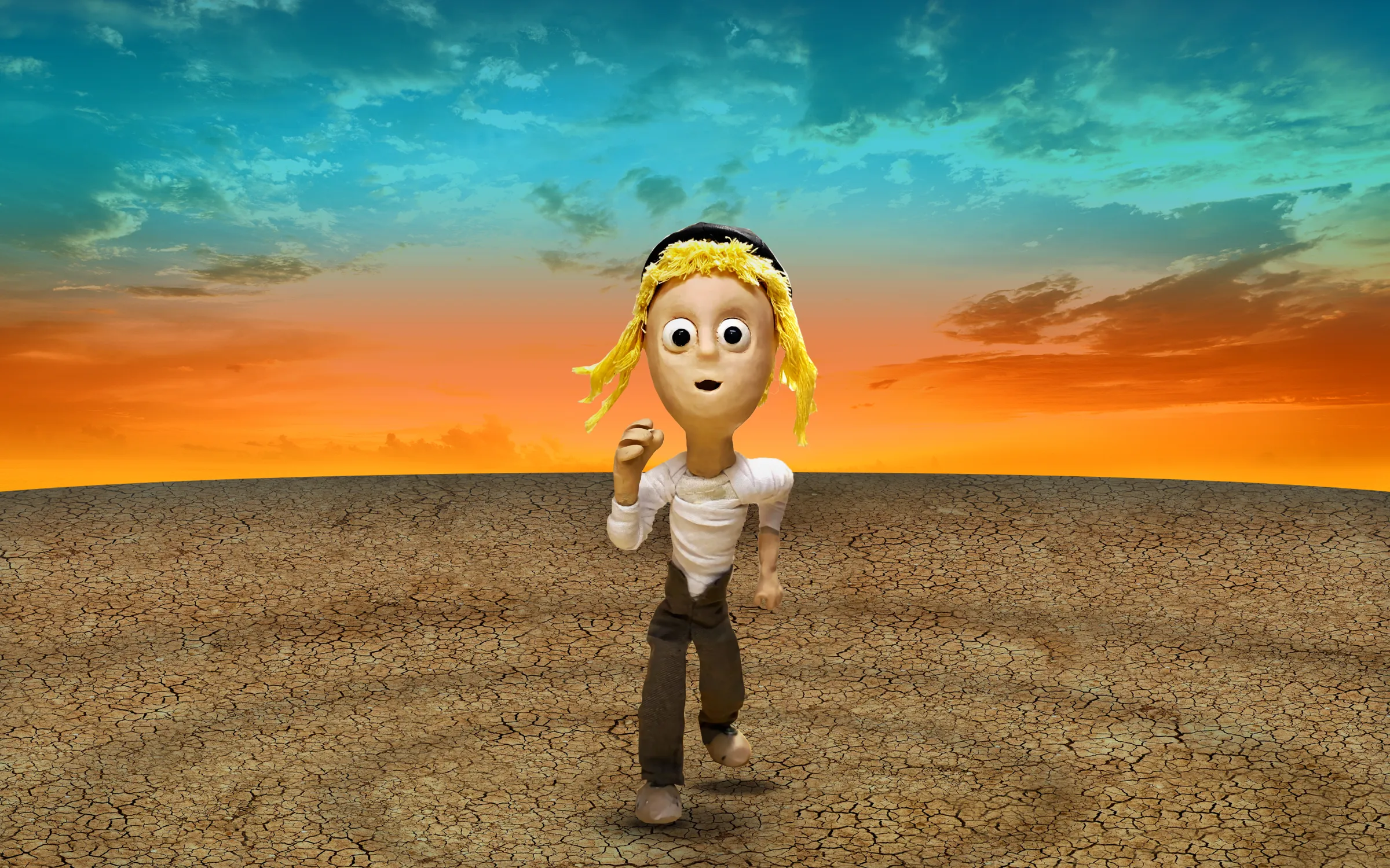Yonah, a hand-sculpted clay boy with yarn hair, composited running across a cracked desert under a turquoise-and-orange sky