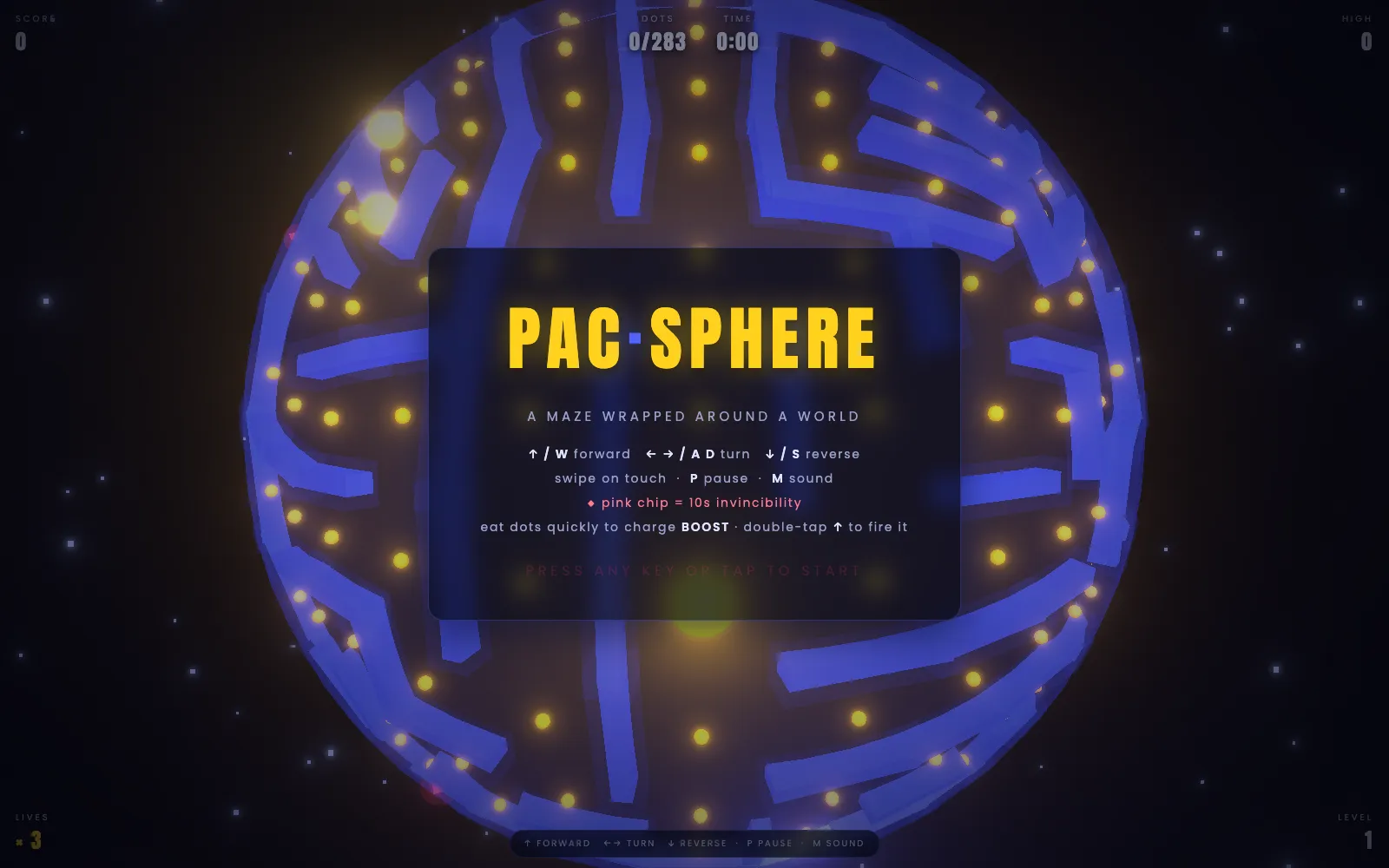 PAC·SPHERE title screen — a neon Pac-Man maze wrapped around a glowing planet
