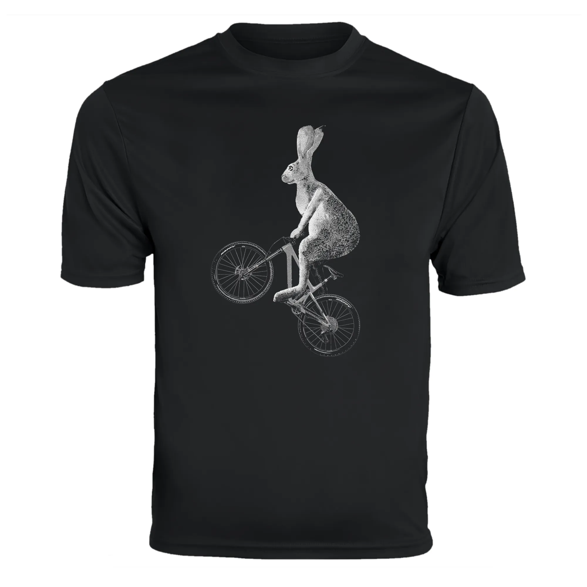 Men's t-shirt mockup showing the Bunny Hop design on product